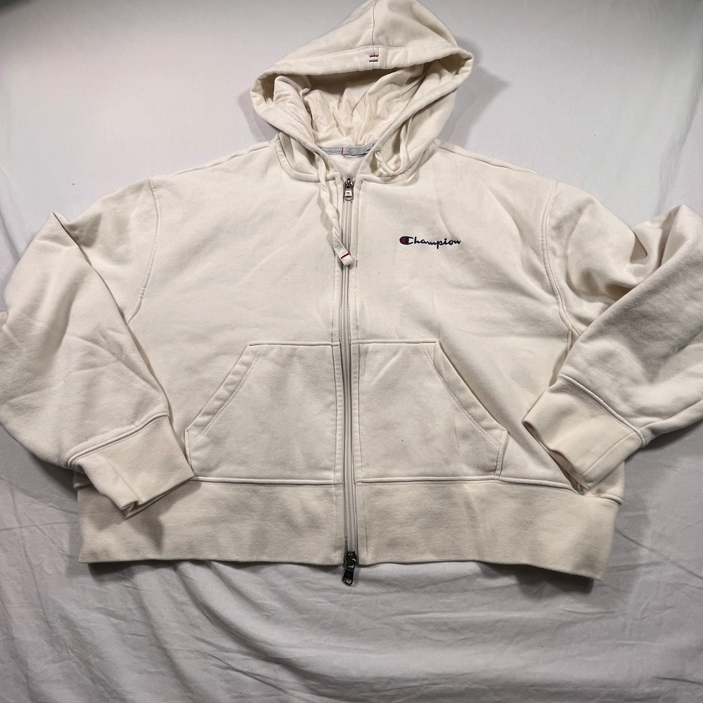 Champion Zip Up Hoodie Women L Cream Pre-Owned Cropped Athletic